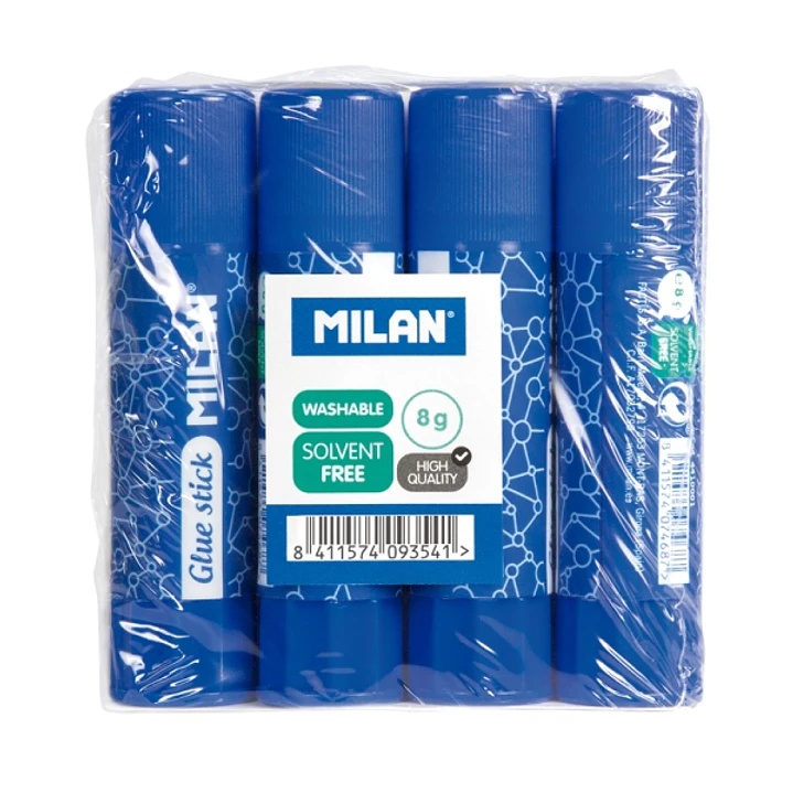 Milan Pack 4 Barras de Pegamento 8 g - Multiusos - Multisuperficies - Sin Disolventes - Uso Escolar - Color Azul 1