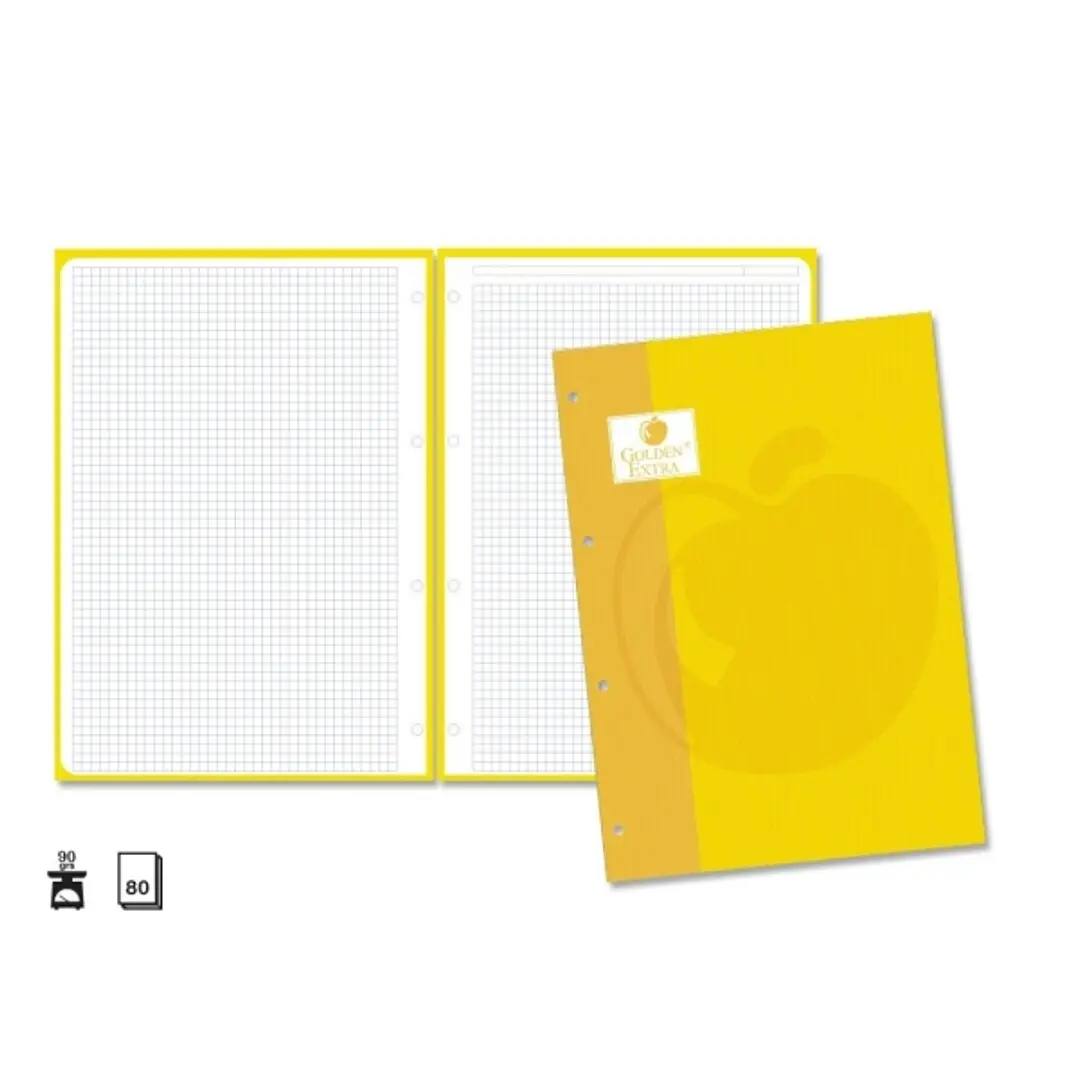Golden Extra Recambio de 80 Hojas 90gr Cuadricula 4x4 - Formato A4 - 4 Taladros y Banda de Color Amarillo 1