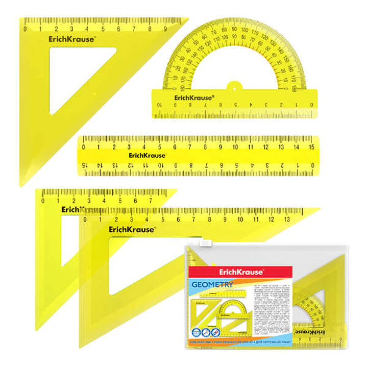 Erichkrause Pack de 5 Reglas de Dibujo - Regla de 15cm - Escuadra de 7cm/45º, 9cm/45º, 13cm/60º - Transportador de 180º/10cm - Color Amarillo 1