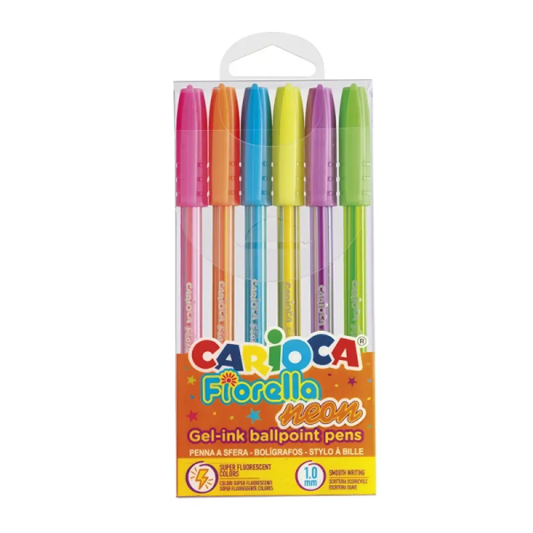 Carioca Fiorella Neon Pack de 6 Boligrafos de Colores Tinta Gel - Punta de Bola 1mm - Cuerpo Transparente Fluo - Colores Neon Surtidos 1