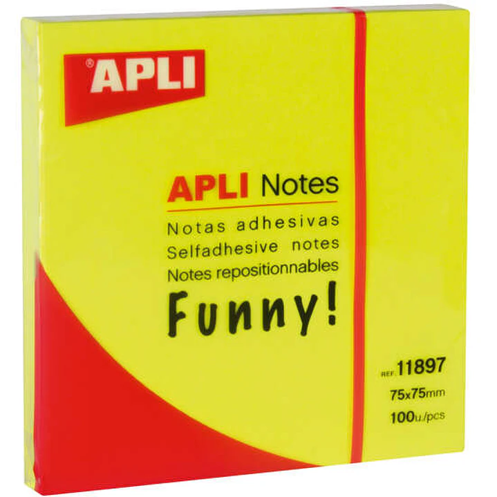 Apli Notas Adhesivas Funny 75x75mm - Bloc de 100 Hojas - Adhesivo de Calidad - Facil de Despegar - Color Amarillo Fluorescente 1