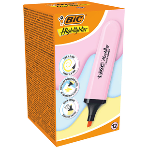 Bic Marking Highlighter Flat Marcador Fluorescente - Punta Biselada - Trazo entre 1.20 y 4.60 mm - Tinta con Base de Agua - Color Rosa Pastel