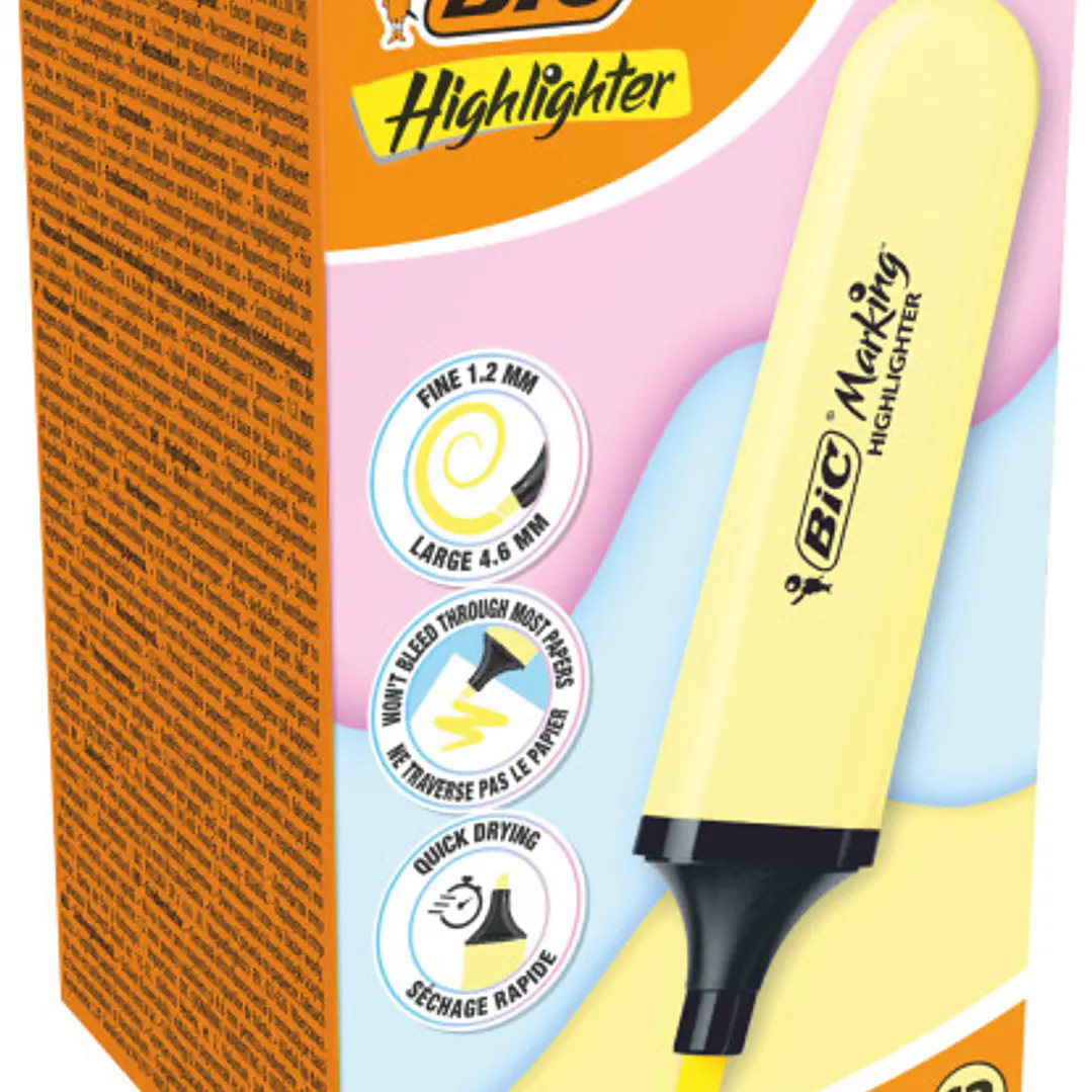 Bic Marking Highlighter Flat Marcador Fluorescente - Punta Biselada - Trazo entre 1.20 y 4.60 mm - Tinta con Base de Agua - Color Amarillo Pastel 1