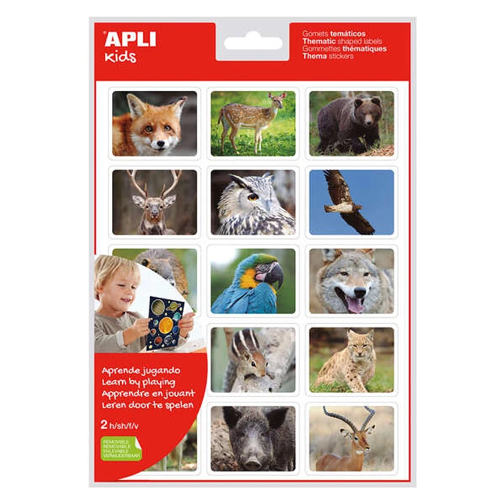 Apli Bolsa de Gomets Realistas Animales en su Habitat - 30 Gomets Rectangulares Tematicos - Adhesivo Removible - Fotografias a Todo Color - Normas EN- 1