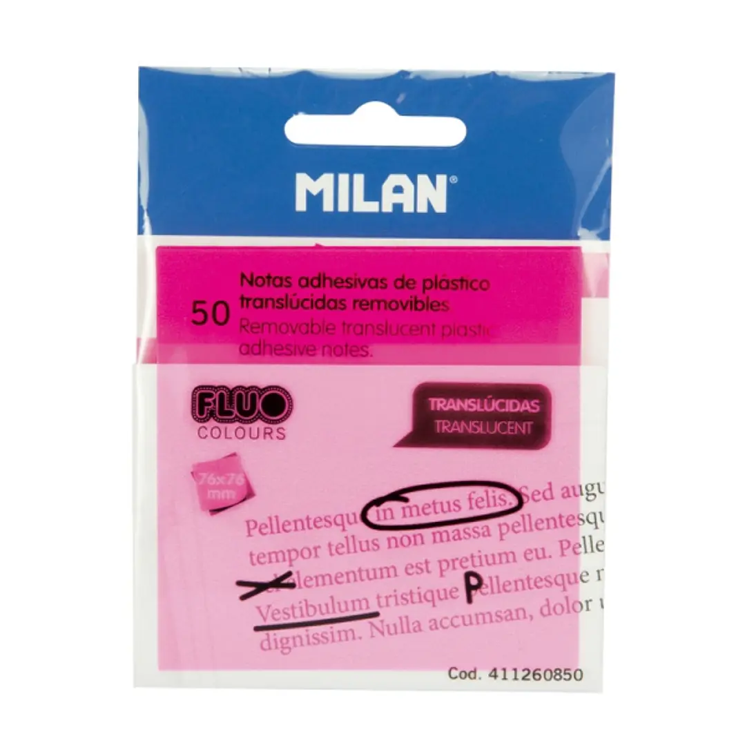 Milan Fluo Pack de 50 Notas Adhesivas - Translucidas - Removibles - 76x76mm - Color Rosa 1