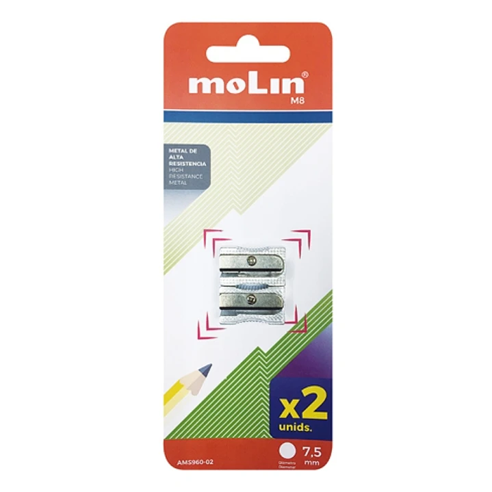 Molin Pack de 2 Afilalapices Metalicos de 1 Orificio para Lapices de hasta 10mm - Color Aluminio 1