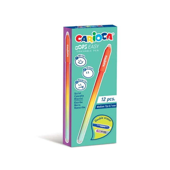 Carioca Oops Easy Boligrafo Borrable con Punta de Ø 0.7mm - Tinta Termo Sensible - Cuerpo con Efecto Degradado - Doble Goma - Color Rojo 1