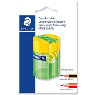 Staedtler 512 Sacapuntas de Plástico Doble Uso - Angulo de Afilado 23º y 30º - 2 Agujeros - Deposito - Colores Surtidos