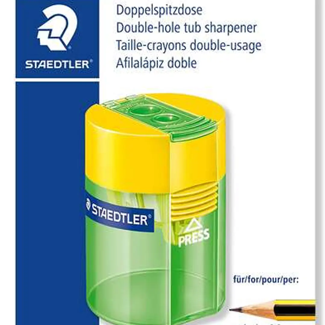 Staedtler 512 Sacapuntas de Plástico Doble Uso - Angulo de Afilado 23º y 30º - 2 Agujeros - Deposito - Colores Surtidos 1