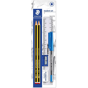 Staedtler Pack de 2 Lapices Noris de Grafito Hexagonales 2HB + 1 Boligrafo Stick 430 Azul + 1 Goma de Borrar  + 1 Sacapuntas +1 Regla
