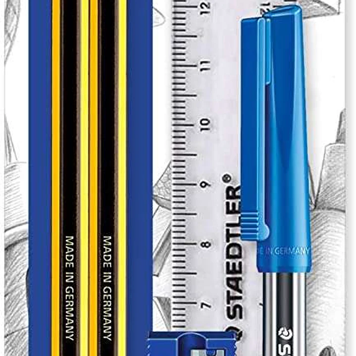 Staedtler Pack de 2 Lapices Noris de Grafito Hexagonales 2HB + 1 Boligrafo Stick 430 Azul + 1 Goma de Borrar  + 1 Sacapuntas +1 Regla 1