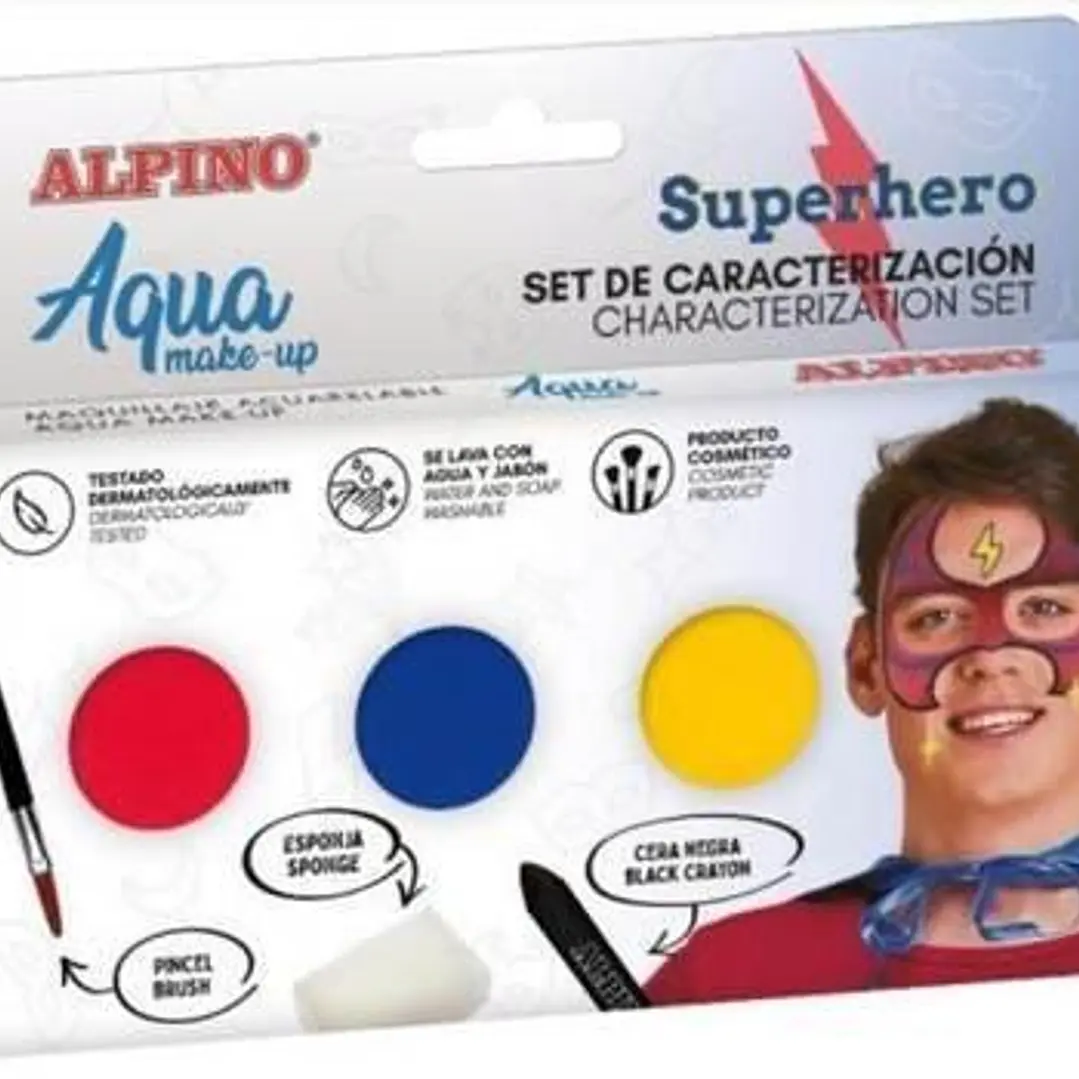Alpino Aqua Make Up Set de Caracterizacion de Superheroes - 3 Polveras + Cera Negra + Pincel + Esponja 1