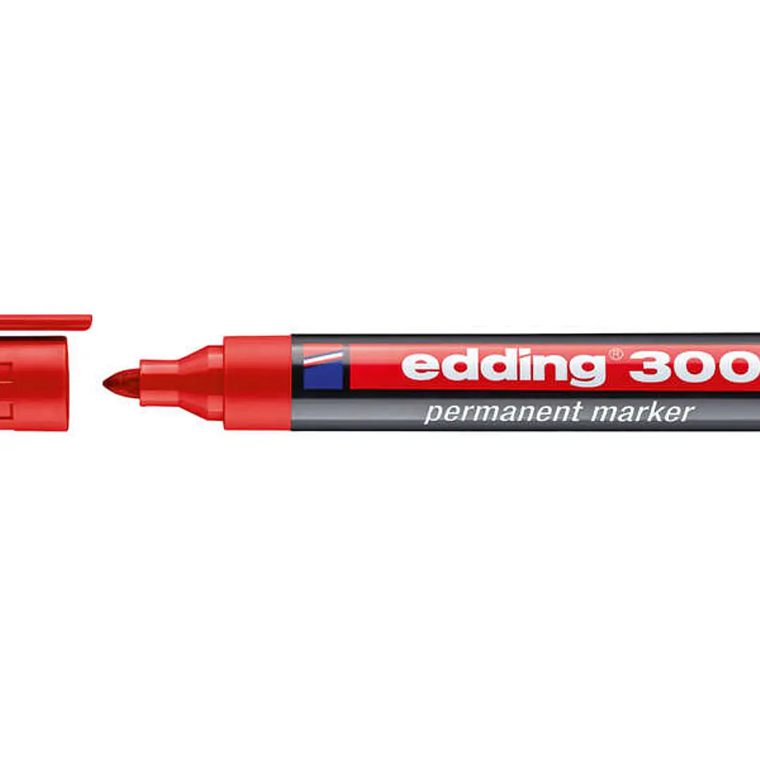 Edding 300 Rotulador Permanente - Punta Redonda - Trazo entre 1.5 y 3 mm. - Tinta Casi Inodora - Capuchon con Clip - Secado Rapido - Color Rojo 1