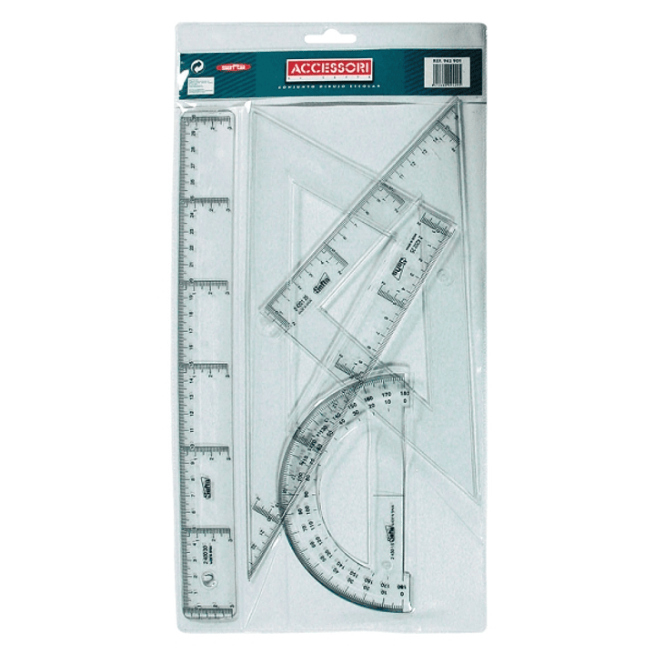 Safta Pack de 4 Reglas - Regla de 30cm - Escuadra de 25cm - Cartabon de 25cm - Semicirculo Transportador de Angulos - Biselado - Color Transparente 1