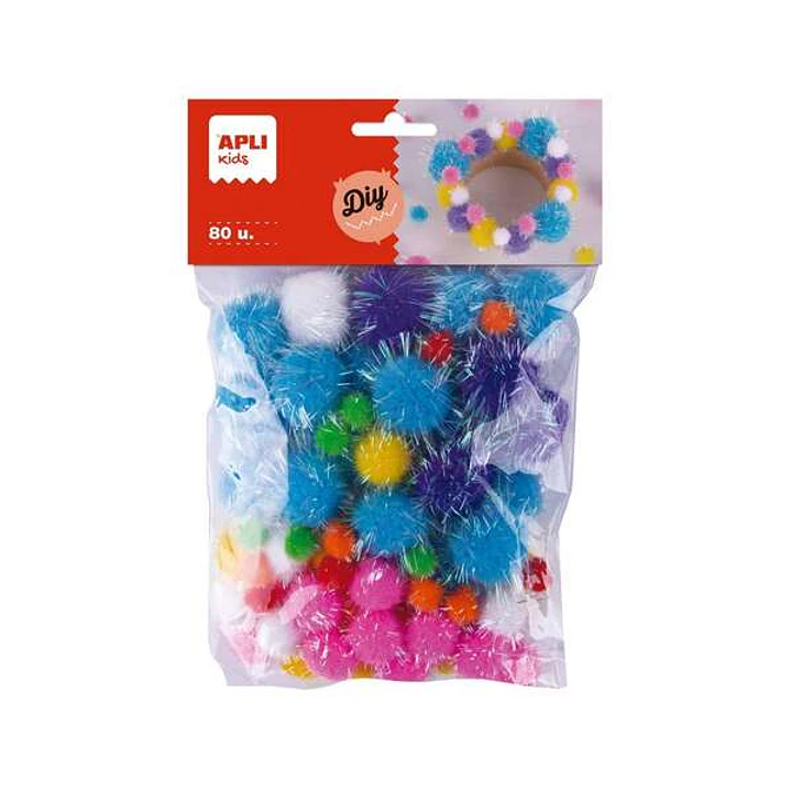Apli Kids Bolsa de 80 Pompones Glitter - Tamaños 10mm, 20mm, 25mm - Colores Surtidos 1