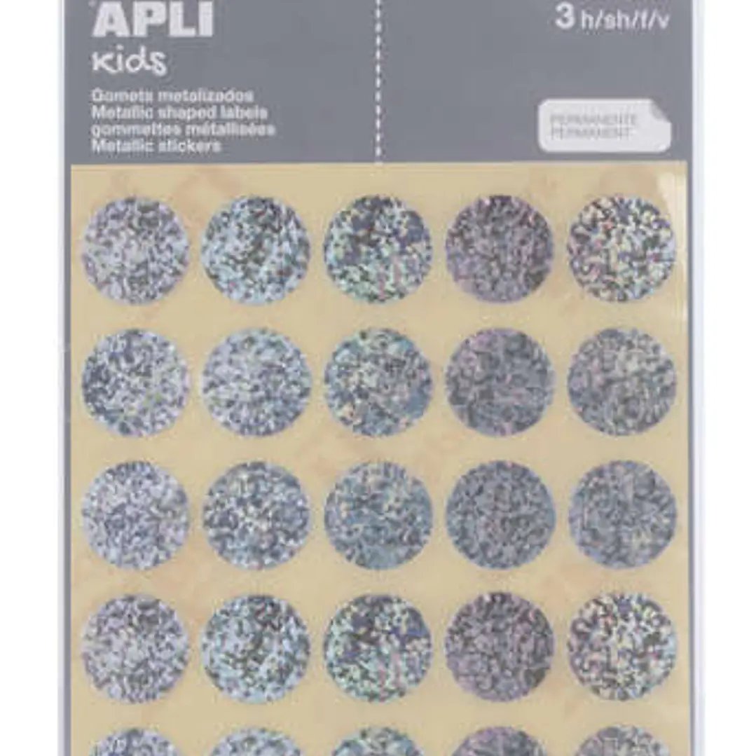 Apli Pack de 90 Gomets Redondos Ø 20mm - Adhesivo Permanente - Ideal para Escuelas Infantiles y Colegios - Color Plata 1