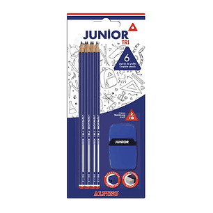 Alpino Junior Tri Blister de 6 Lapices de Grafito HB Triangulares + Sacapunta con Goma de Borrar - Espacio para el Nombre