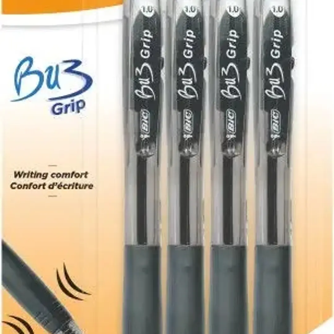 Bic Bu3 Pack de 4 Boligrafos Retractiles - Punta Media de 1mm - Trazo 0.32mm - Grip de Goma - Escritura mas Fluida - Color Negro 1