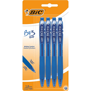 Bic Bu3 Pack de 4 Boligrafos Retractiles - Punta Media de 1mm - Trazo 0.32mm - Grip de Goma - Escritura mas Fluida - Color Azul