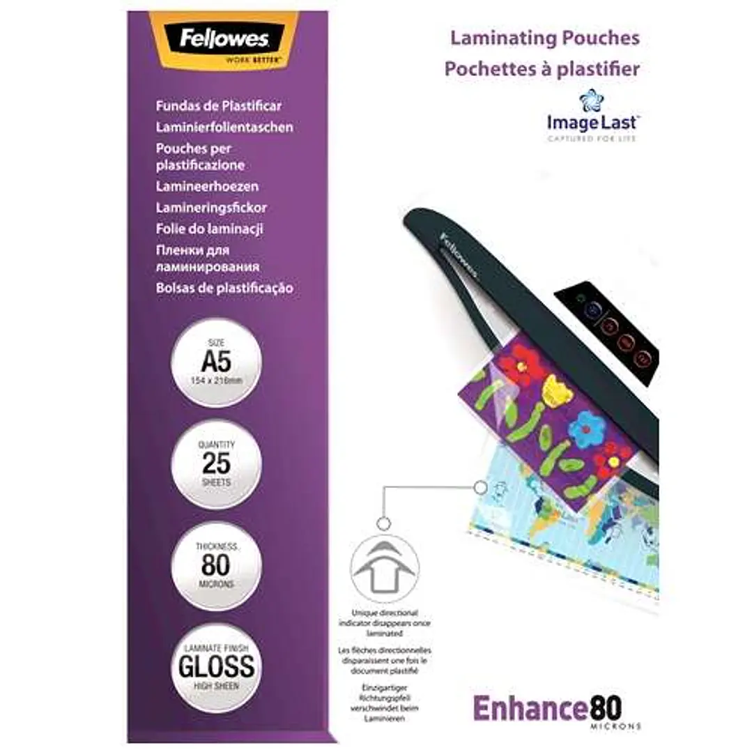 Fellowes Pack de 25 Fundas para Plastificar Brillo A5 - 80 Micras - Alta Calidad - Transparente 1