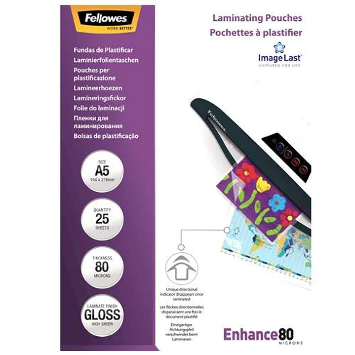 Fellowes Pack de 25 Fundas para Plastificar Brillo A5 - 80 Micras - Alta Calidad - Transparente 1