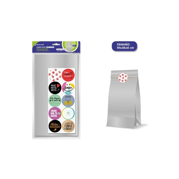 Bismark Pack de 10 Sobres Papel Kraft 50grs con 10 Pegatinas para Cierre - Medidas 19x36x6cm - Ideal para Regalos - Color Plata 1