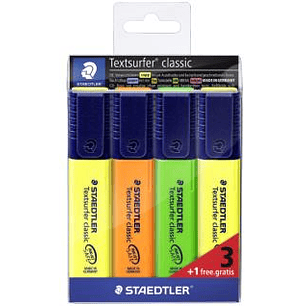 Staedtler Textsurfer Classic 364 Pack de 4 Marcadores Fluorescentes - Secado Rapido - Trazo 1 - 5mm Aprox - Colores Surtidos