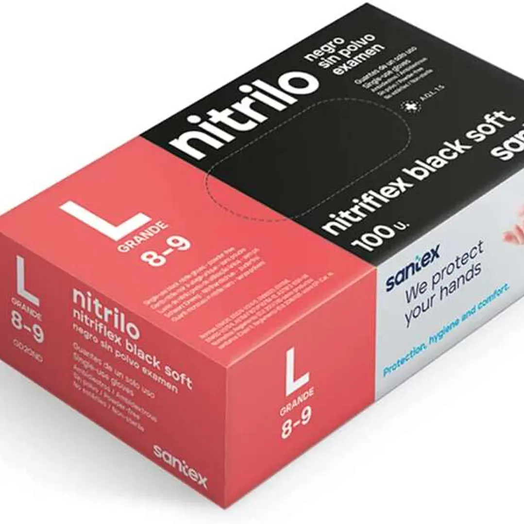 Santex Nitriflex Black Soft Pack de 100 Guantes de Nitrilo para Examen Talla L - 3.5 gramos - Sin Polvo - Libre de Latex - No Esteriles - Color Negro 1