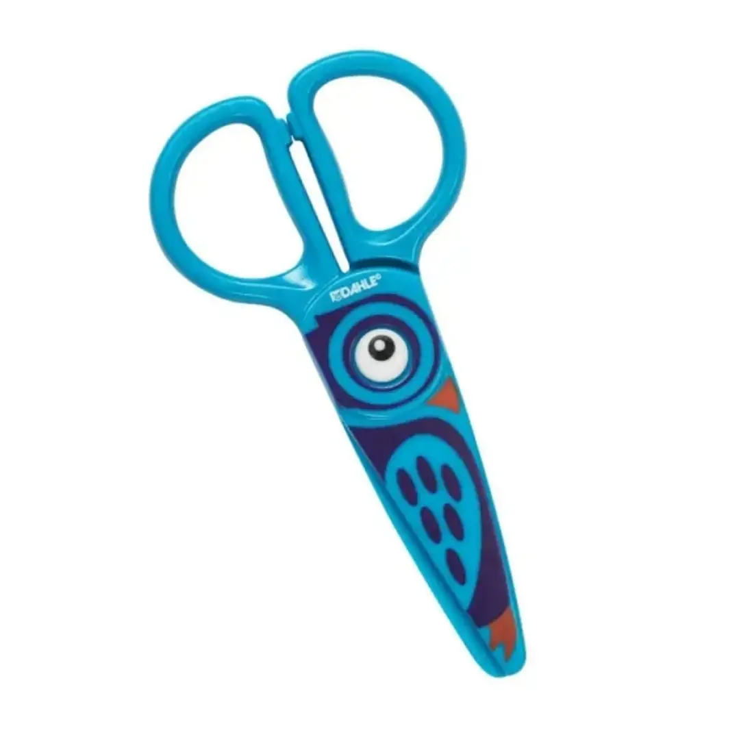 Dahle 54676 Kids Tijeras Infantiles 12cm para los mas Pequeños - Hojas de Plastico - Puntas Redondeadas - Modelo Buho - Color Azul 1