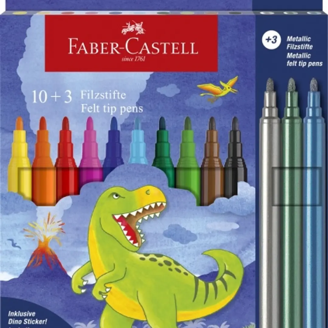 Faber-Castell Edicion Dinosaurios Pack de 13 Rotuladores de Colores - 10 Colores Clasicos + 3 Colores Metalizados - Incluye Pegatinas de Dinosaurios - 1