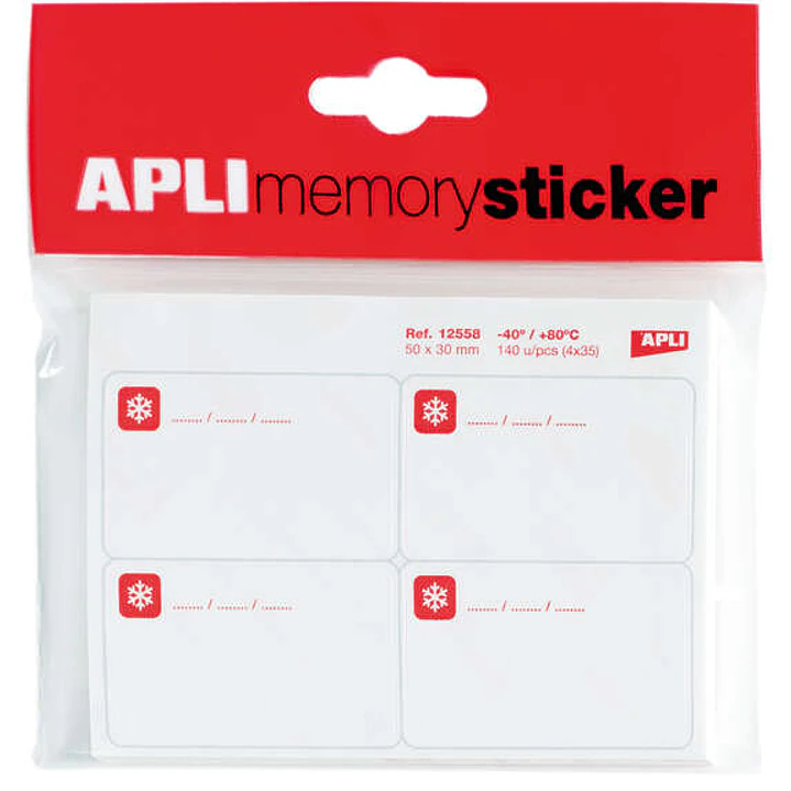 Apli Memory Sticker Pack de 140 Etiquetas Especial para Congelar 50x30mm - 35 Hojas x 4 Etiquetas - Cantos Romos - Adhesivo Removible Resistente hasta 1