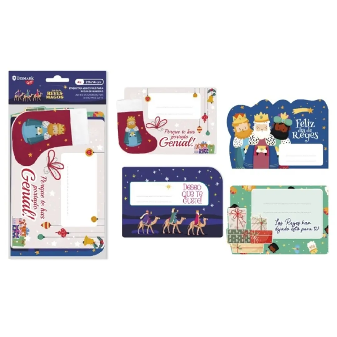 Bismark Pack de 4 Etiquetas Grandes Adhesivas para Regalos - Tematica Reyes Magos - Diseños Surtidos - Espacio para Escribir 1