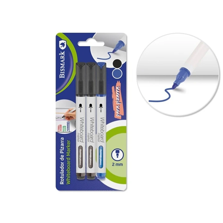 Bismark Pack de 3 Rotuladores para Pizarra Blanca - Punta Redonda 2mm - Colores Negro y Azul 1