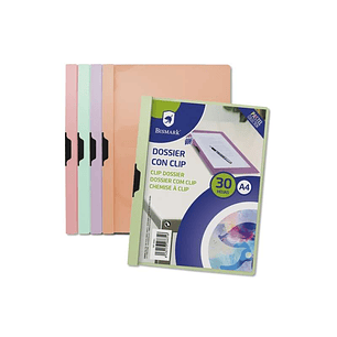 Bismark Dossier con Clip A4 - Capacidad 30 Hojas - Polipropileno Transparente - Clip Metalico Lateral - Colores Pastel Surtidos