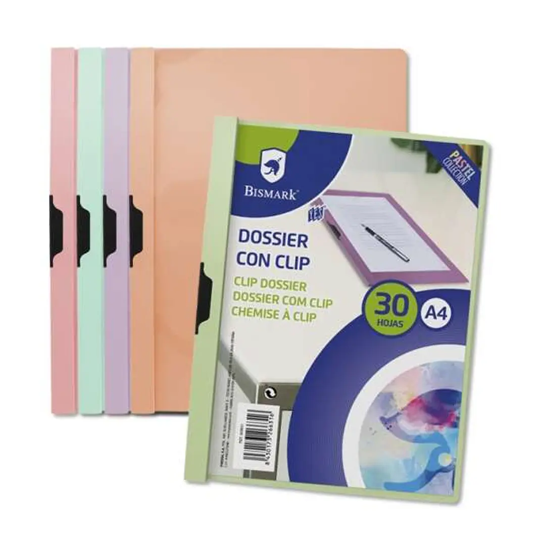 Bismark Dossier con Clip A4 - Capacidad 30 Hojas - Polipropileno Transparente - Clip Metalico Lateral - Colores Pastel Surtidos 1
