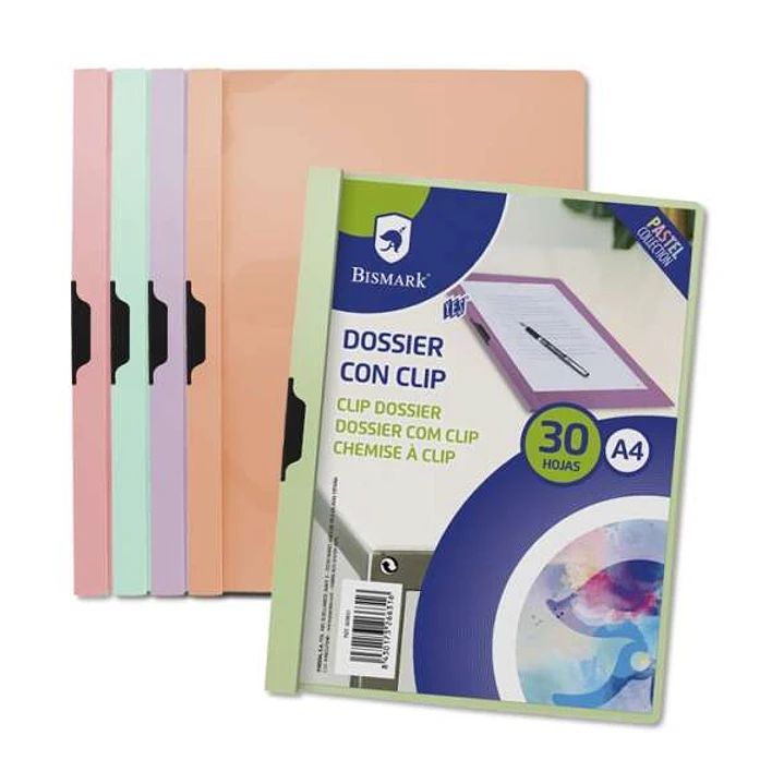 Bismark Dossier con Clip A4 - Capacidad 30 Hojas - Polipropileno Transparente - Clip Metalico Lateral - Colores Pastel Surtidos 1