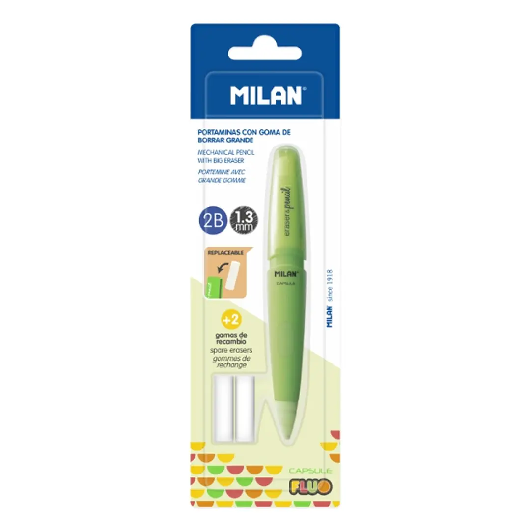 Milan Capsule Fluo Portaminas 1.3mm - Incluye 2 Gomas de Recambio - Colores Surtidos 1