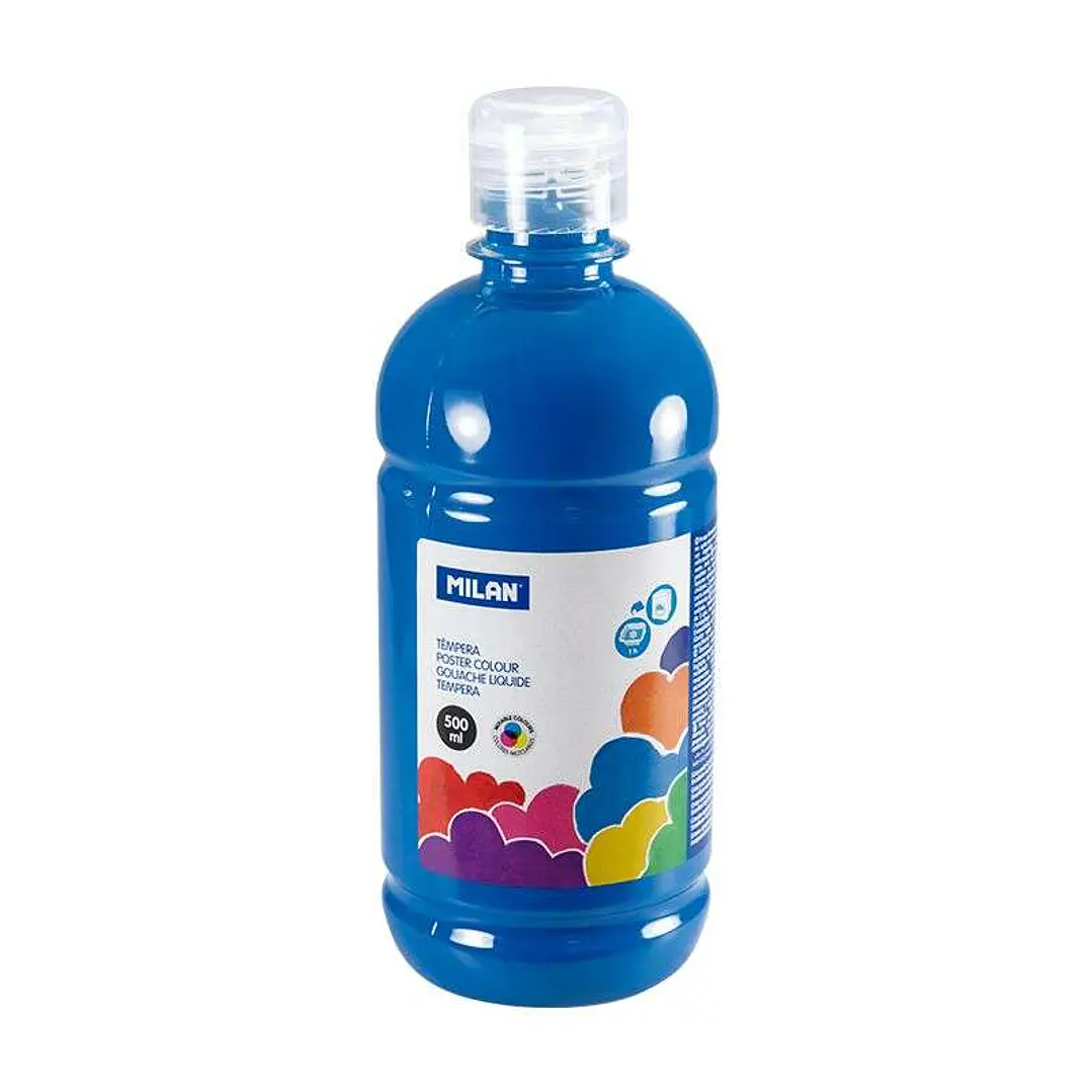 Milan Botella de Tempera 500ml - Tapon Dosificador - Secado Rapido - Mezclable - Color Azul Cyan 1