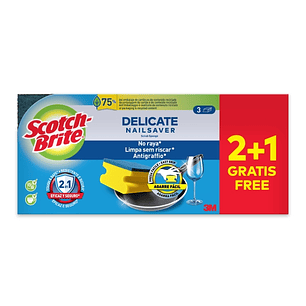 Scotch-Brite Delicate Pack de 3 Estropajos de Cocina - Proteccion para los Dedos - Promocion 2 + 1 Gratis - No Raya - Color Amarillo