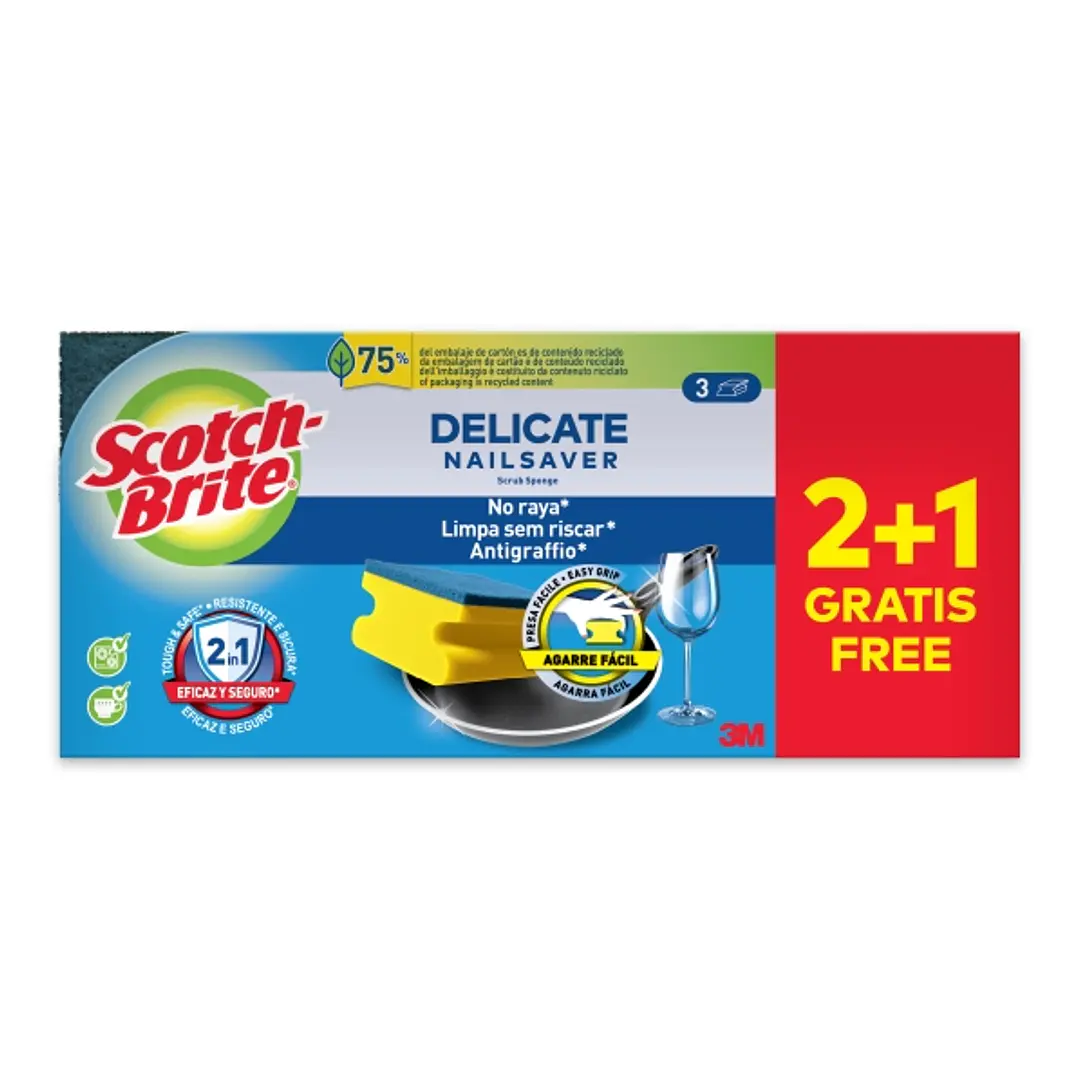Scotch-Brite Delicate Pack de 3 Estropajos de Cocina - Proteccion para los Dedos - Promocion 2 + 1 Gratis - No Raya - Color Amarillo 1