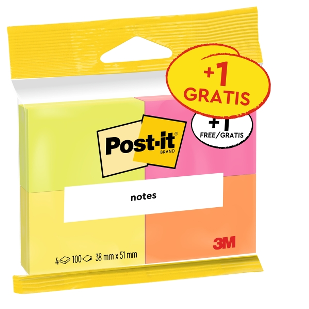 Post-It Pack de 4 Blocs de 100 Notas Adhesivas Reposicionables - Colores Neon - 38x51mm - Promocion 3 Blocs + 1 Gratis - Colores Surtidos 1