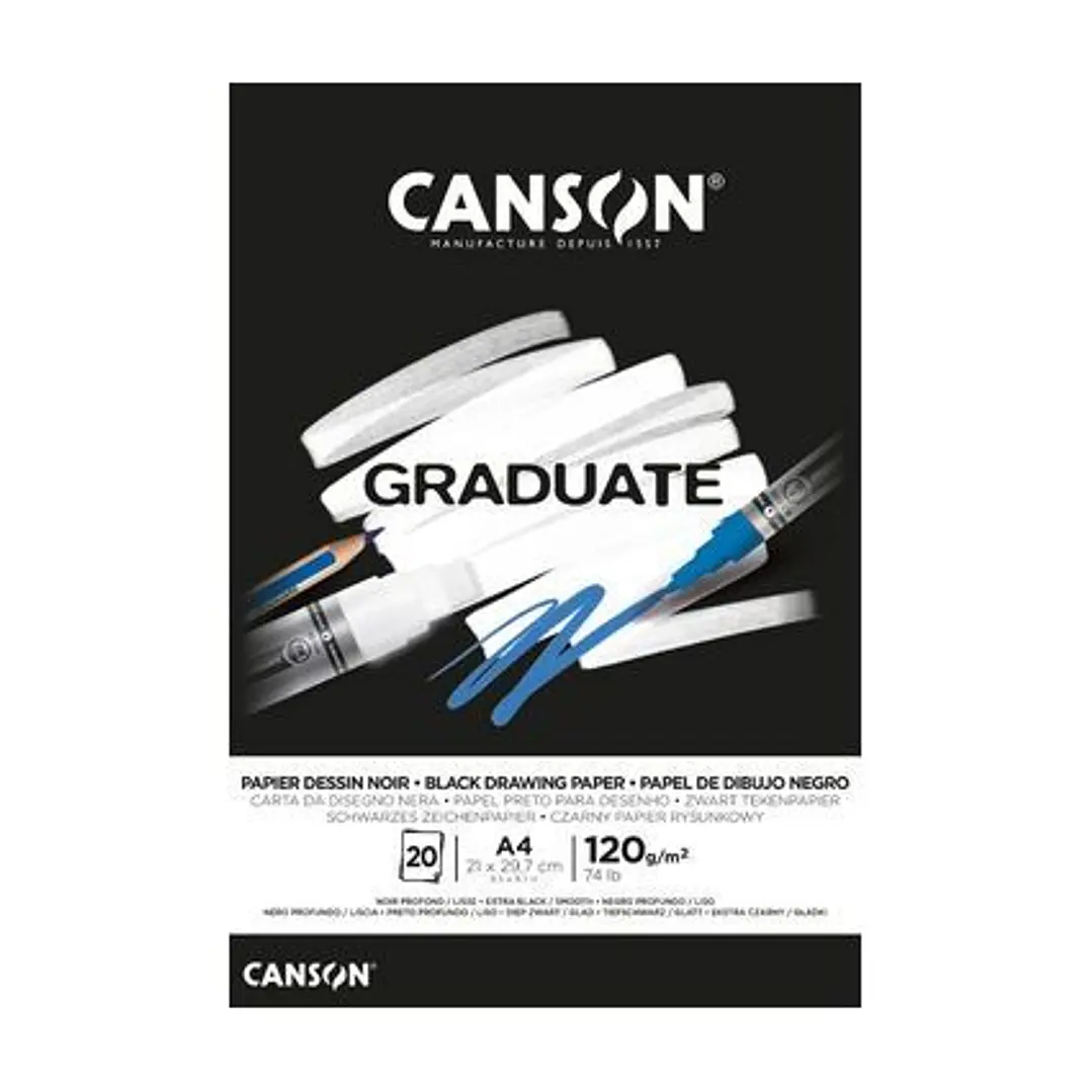 Canson Graduate Black Bloc Encolado de 20 Hojas A5 - 120g - Grano Fino - Color Negro 1