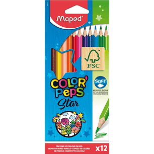 Maped Color´Peps Star Pack de 12 Lapices de Colores Triangulares - Mina Suave - Madera Certificada FSC - Colores Surtidos