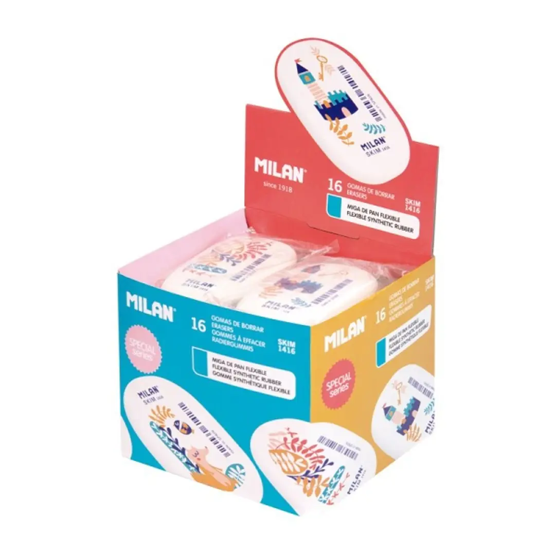 Milan 1416 Story Time Goma de Borrar Ovalada - Suave Caucho Sintetico - Envueltas Individualmente - Color Blanco con Dibujos Infantiles Story Time 1