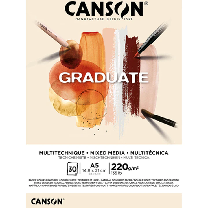 Canson Graduate Mix Media Bloc Encolado de 30 Hojas A5 - 220g - Grano Fino - Color Ocre 1