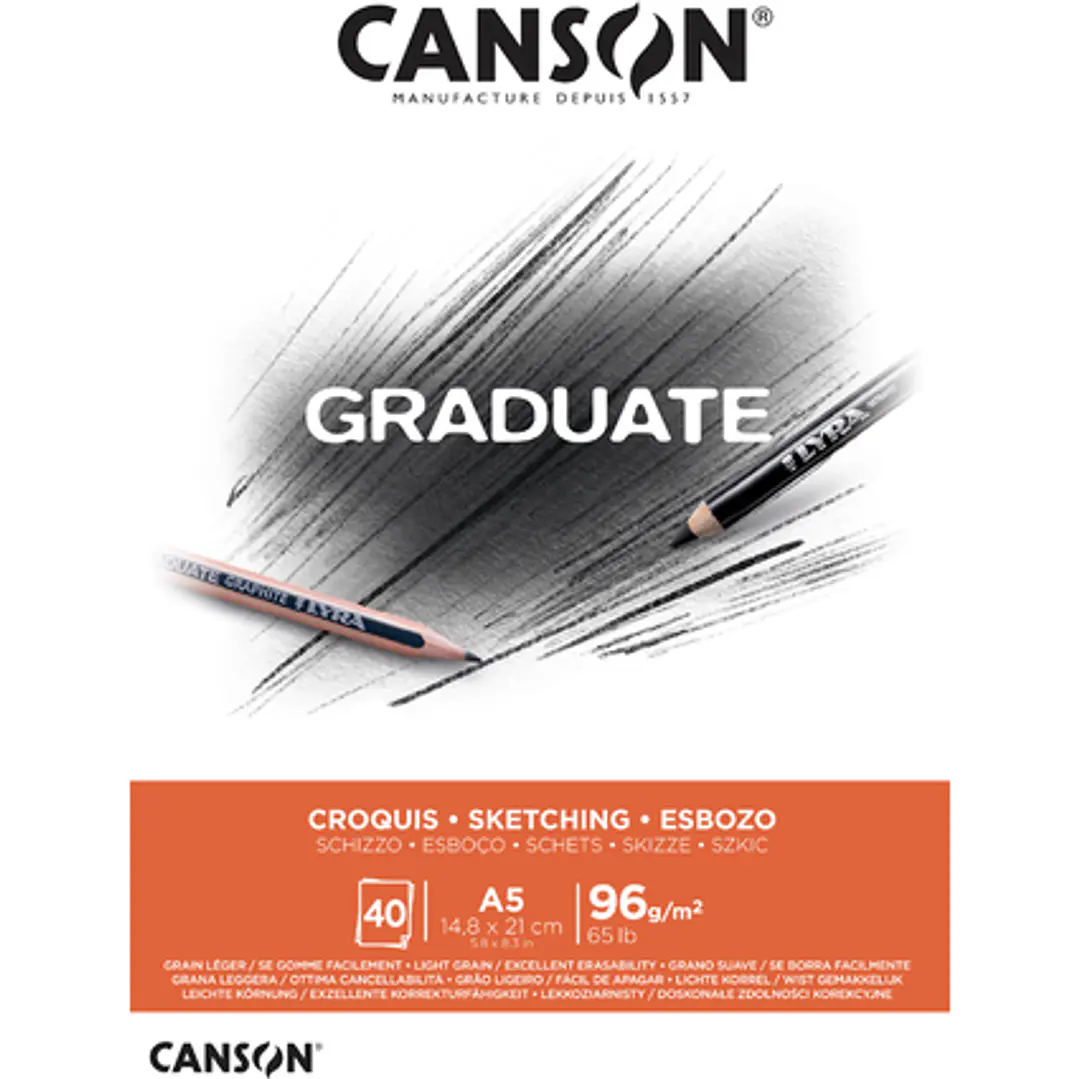 Canson Graduate Sketch Bloc Encolado de 40 Hojas A5 - 96g - Grano Fino - Color Blanco 1