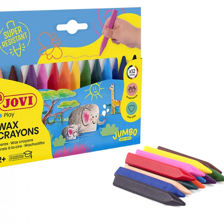 Jovi Triwax Estuche de 12 Ceras Triangulares - No Manchan - Trazo Suave - Gran Rendimiento - Apto para Sacapuntas - Libre de Alergenos - Colores Surti 1