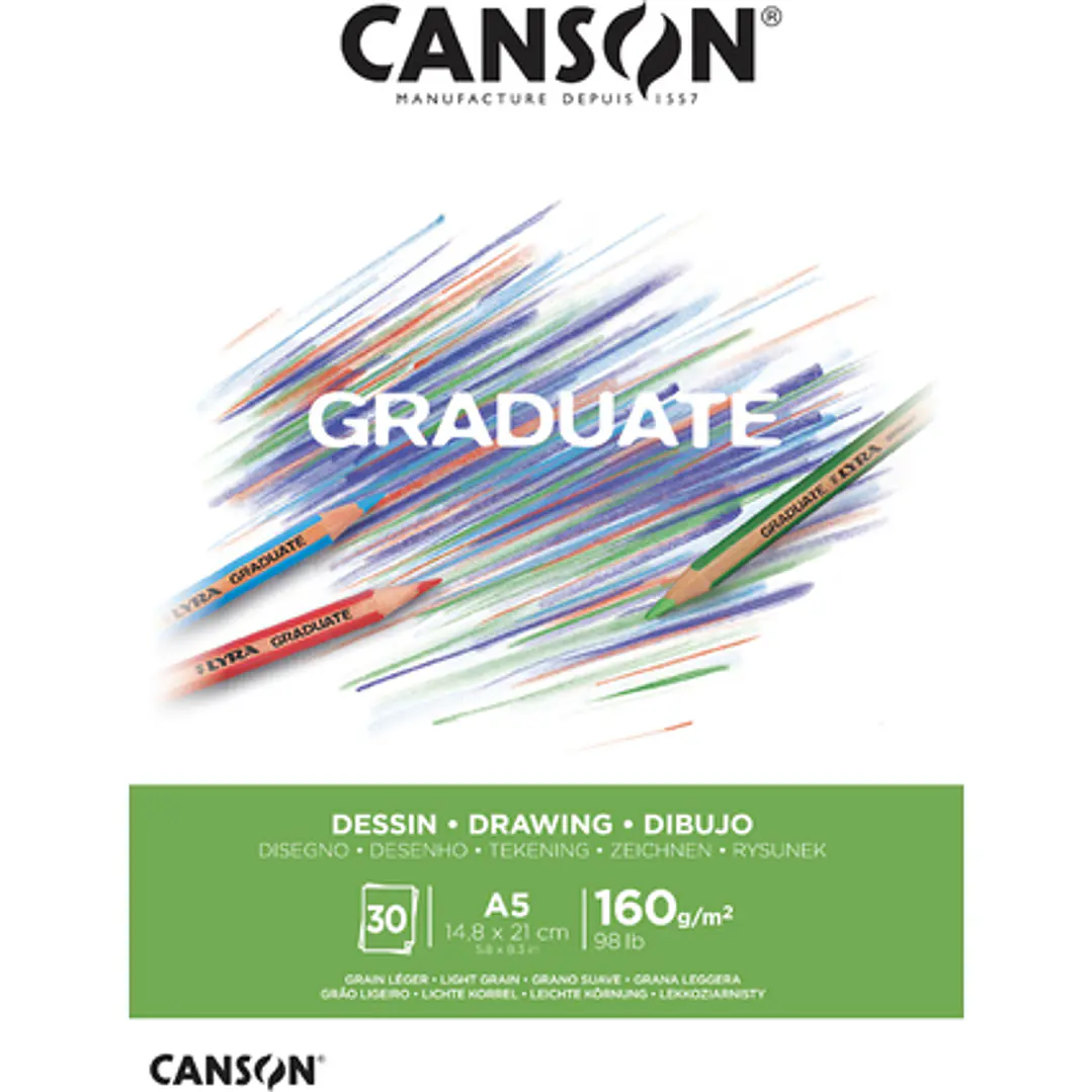 Canson Graduate Dibujo Bloc Encolado de 30 Hojas A5 - 160g - Grano Fino - Color Blanco Natural 1