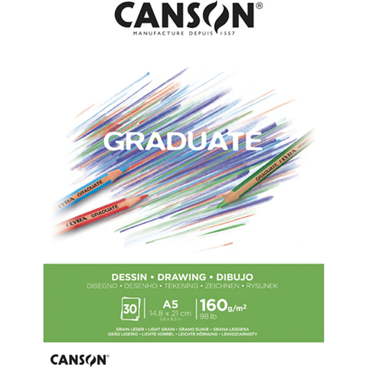 Canson Graduate Dibujo Bloc Encolado de 30 Hojas A5 - 160g - Grano Fino - Color Blanco Natural 1