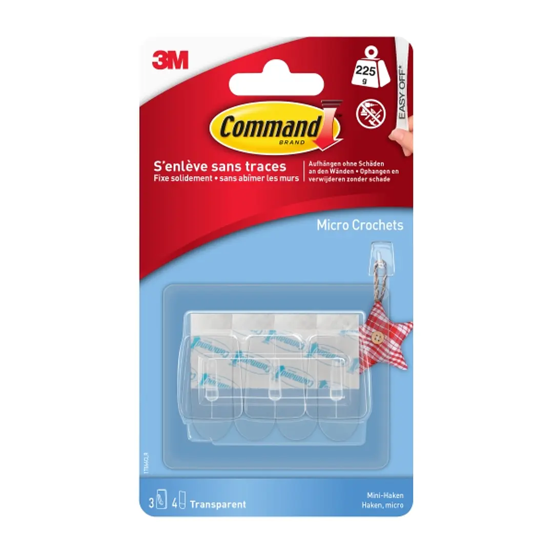 Command Mini Pack de 3 Ganchos - 4 Tiras Adhesivas - Soportan hasta 225G - Color Transparente 1
